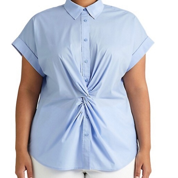NWT  PLUS 2X  Ralph Lauren Cotton blend Short Sleeve Shirt Pebble Blue - Picture 7 of 7